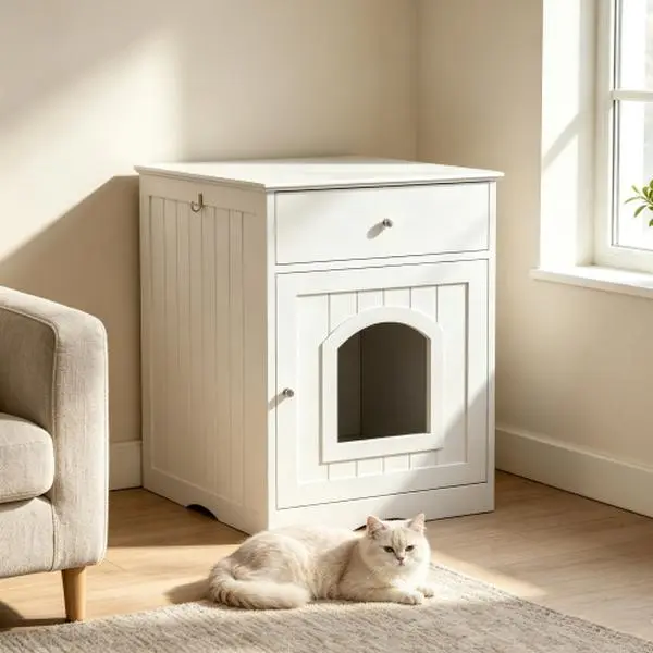 [Bellemave]Wooden Pet House Cat Litter Box Enclosure with Drawer, Side Table, Indoor Pet Crate, Cat Home Nightstand (White)