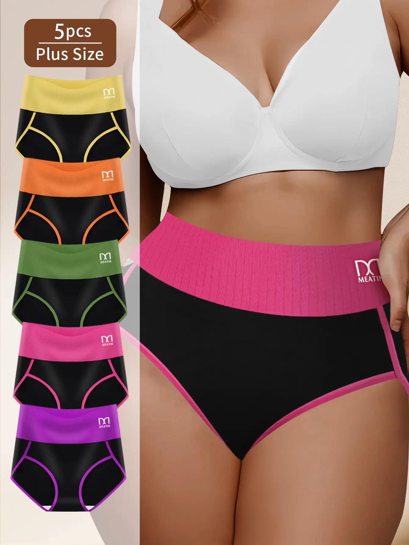 QUASTI Women's 5-Pack Oversized High-Waist Seamless Soft Comfortable Cotton Briefs - Rose, Athletic Fit, High Elasticity Tummy Control, Hip Lifting, Breathable Colorblock Contrast Panties (0XL-5XL) Fabric Activewear
