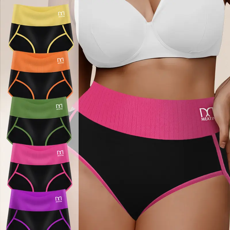 QUASTI Women's 5-Pack High-Waist Seamless Cotton Blend Fabric Panties - 5 Mix Colors, Rose, High Elasticity Elastane, Tummy Control, Hip Lifting, Breathable Colorblock, Foldable Activewear Sportswear (0XL-5XL)