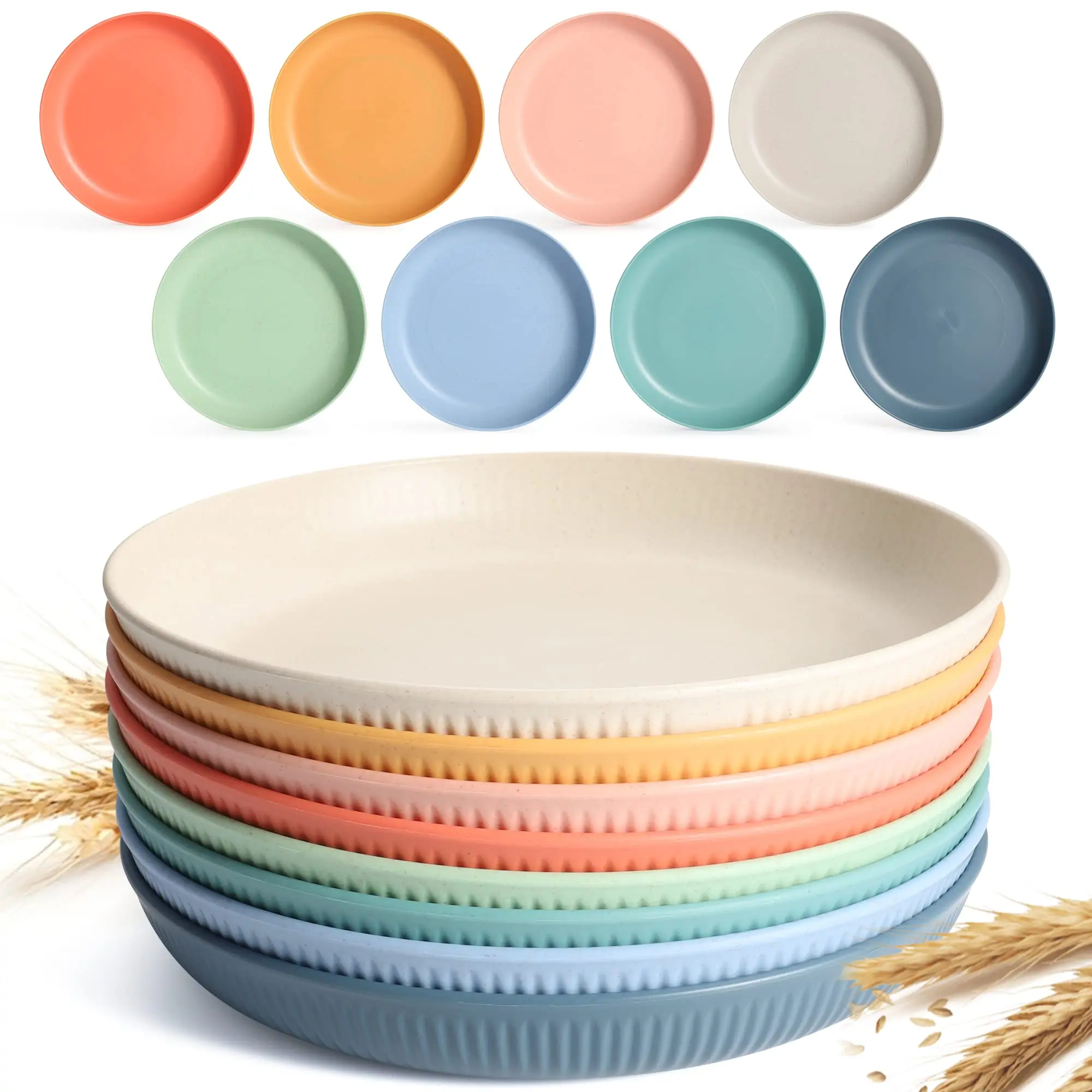 8 Pack 9 Inch Lightweight Wheat Straw Plates, Wheat Straw Fiber Lightweight Unbreakable Dinner Plates, Microwave and Dishwasher Safe, Plates Easy to Clean & Reusable