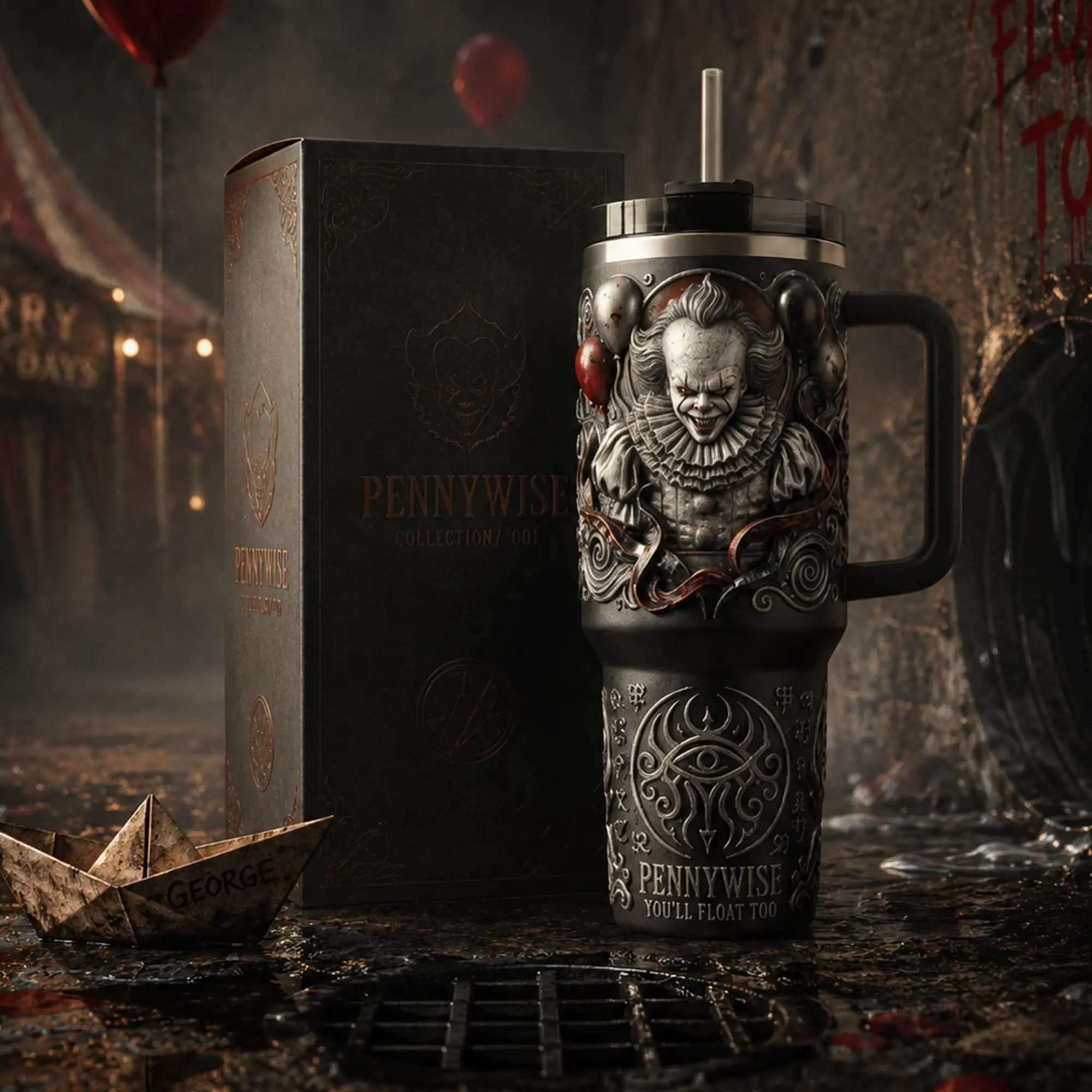 IT Pennywise 40oz 20oz Tumbler, High-Quality Insulated Cup With Handle, Terrifying Horror Clown Movie Theme, Spooky Halloween Fan Gift, Classic Scary Film Inspired Leakproof Travel Tumbler.