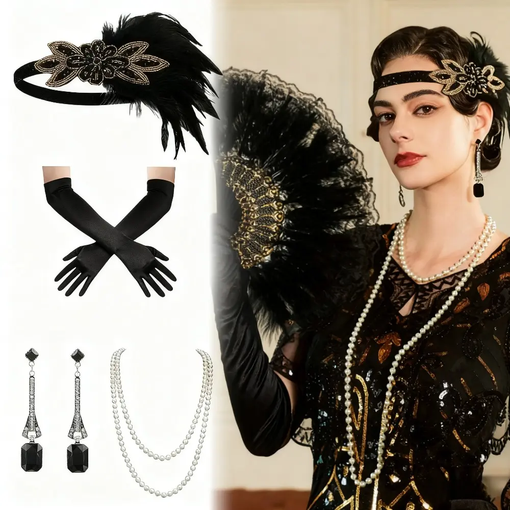 Women's Vintage 4-Piece 1920s Flapper Costume Accessories Set - Elastic Band Stretchy Feather Headband, Stretch-Fit Long Satin Gloves, Faux Pearls Wrap-Around Neck Necklace, Rhinestone Vintage Earrings, Fits Great Gatsby Halloween Party, Rhinestones