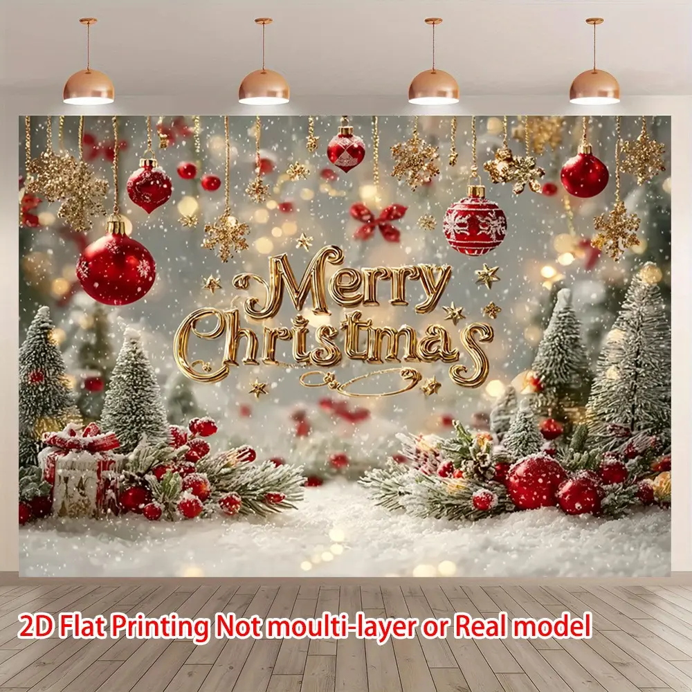 Luxury Red-Gold Christmas Backdrop Banner - Polyester 2D Print with Gilded "Merry Christmas" Lettering, Red-Gold Ornaments, Snowy Scene, Ideal for Elegant Holiday Parties, Home Decoration, Teen Girl Gifts