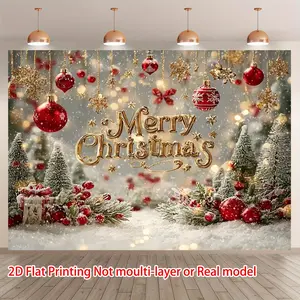 Luxury Red-Gold Christmas Backdrop – Gilded "Merry Christmas" Lettering, Red-Gold Ornaments & Snowy Scene, Perfect for Elegant Holiday Parties & Home Decor, Brings Glamorous Festive Vibe, teen girl gifts, 2D Print