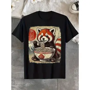 Men'S Fun Red Panda Ramen Graphic T-Shirt - Black Casual Short-Sleeve Round Neck, Suitable for Outdoor Activities And Everyday Wear
