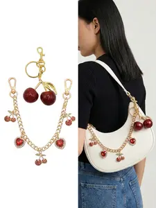 2pcs Cute Red Cherry Sparkly Bag Charm Set, Rhinestone Heart Keychain Gold Metal Chain Handbag Pendant Purse Accessories Y2K Coquette Aesthetic For Women Girls