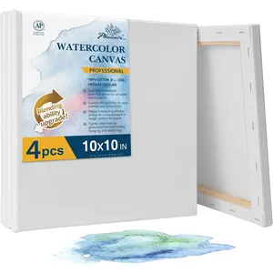 Professional Stretched Watercolor Canvas - 10x10 Inch/4 Pack, 100% Cotton Water Color Canvases for Painting, 8 Oz. / 260g White Blank Medium Texture Canvas for Water Based Paints