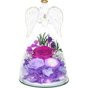 Preserved  Forever Rose in Glass Valentines Day Gifts Angel Figurine Eternal  Flower with 3 count Real Rose Mother's Day Christmas Anniversary Birthday for Her Mom Grandma