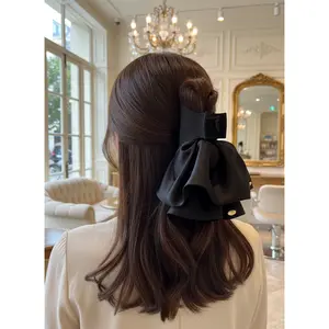 Black Satin Bow Claw Clip - Large French Hair Clip for Thick Hair