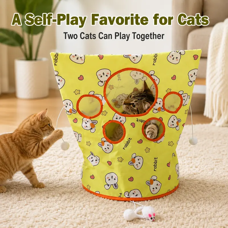OmniPets Polyester Collapsible Cat Crinkle Toy Bag - Kitty ASMR, Satisfying Crinkle Sound, Animal Print, Little Rabbit Cartoon, Spring Steel Ring, Paw Peep Holes, Hanging Mouse, Plush Balls for Indoor Cat Interactive Play Enrichment