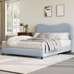 Blue Boucle Queen Bed Frame with Upholstered Headboard, Soft Low Profile Sturdy Platform Bed with Rounded Corners Design, Heavy Duty, Wooden Slats, Noise Free, No Box Spring Needed