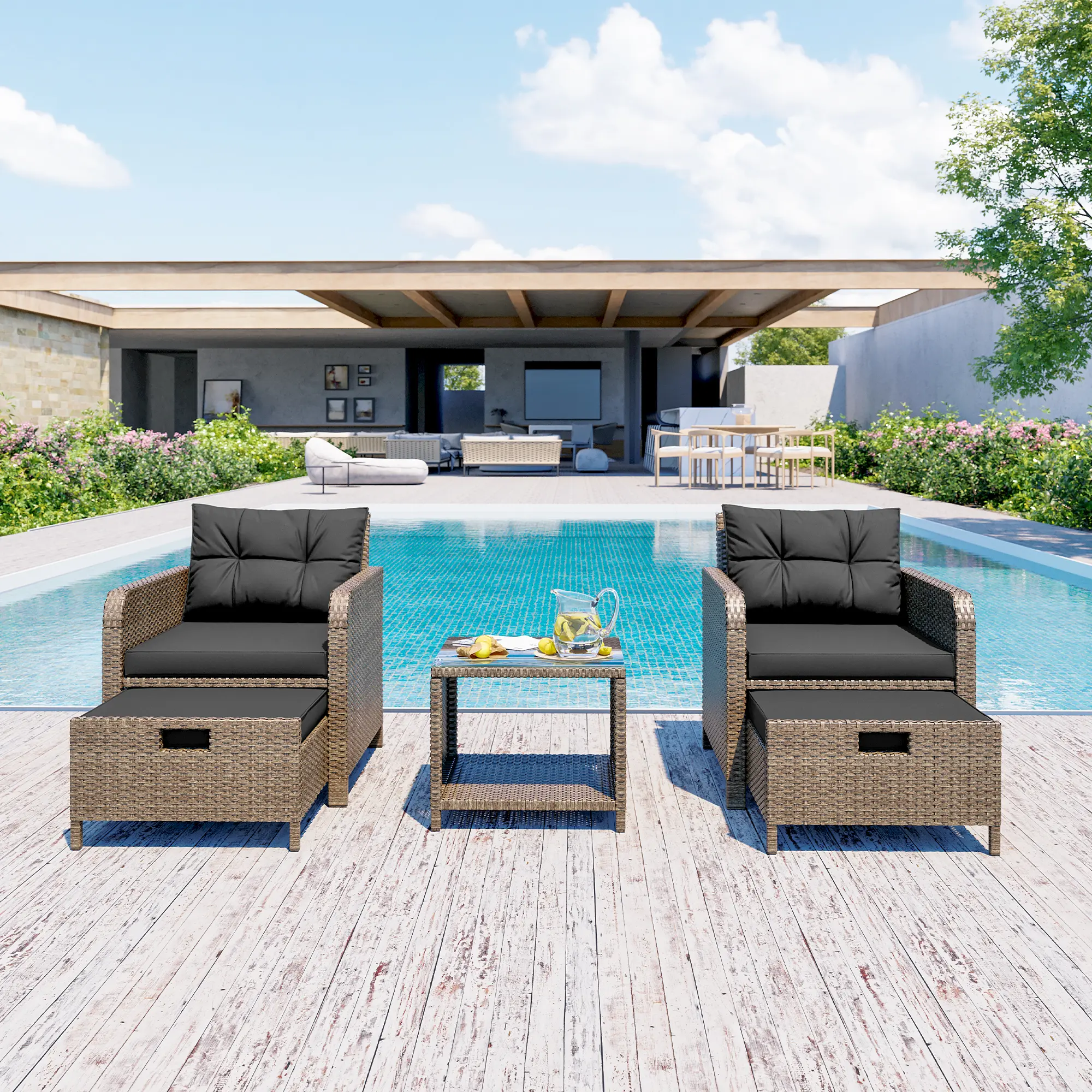 5-Piece Double Outdoor Rattan Sofa Set with Comfortable Sofas, Footrests, and Elegant Coffee Table - Durable and Waterproof,Perfect for Garden, Balcony, or Outdoor Space patio furniture,Summervibes