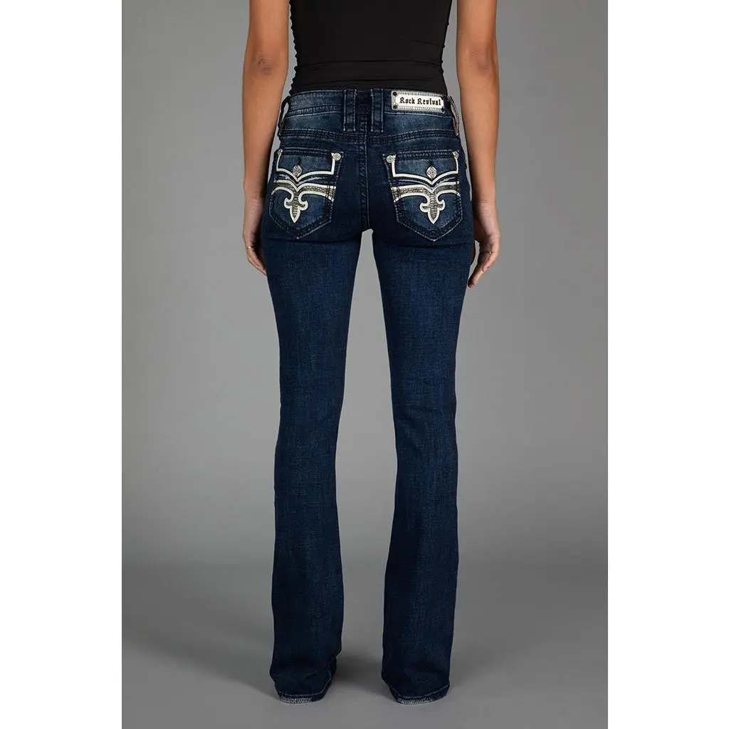Rock Revival Dubarry Women's Embroidered Bootcut Jeans in Dark Wash Stretch Premium Denim with Custom Pewter Hardware, Bottoms, Pants, Bootcut Cut