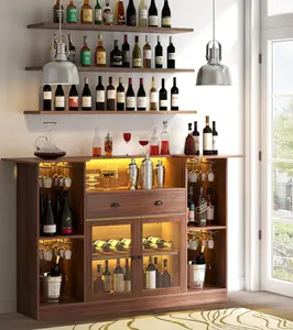 Bar Table Cabinet with LED & Drawer,Mini Liquor Bar with 8-Tier Storage&Stemware Holder,Wine Alcohol Bar Stand with Glass Door & Adjustable Wine Rack,Crescent Shaped Counter for Home Pub,Walnut