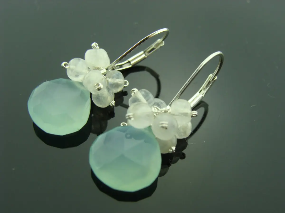 Aqua Blue Chalcedony & Rainbow Moonstone Earrings · 925 Sterling Silver · Leverback Cluster · Gift for Her · Handmade Jewelry