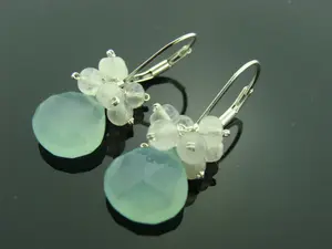 Aqua Blue Chalcedony & Rainbow Moonstone Earrings · 925 Sterling Silver · Leverback Cluster · Gift for Her · Handmade Jewelry