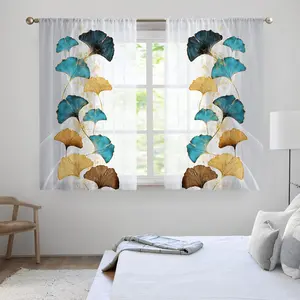 2pcs Elegant Ginkgo Leaf Sheer Curtains, Short Kitchen Curtain Rod Pocket Thin Fabric, Ideal for Kitchen Bathroom Small Half Drapes