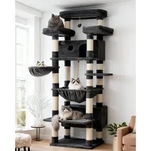 Tree for Indoor Cats Large Adult, 74"  Tower with 3 Big Platforms, 2 Baskets, 2 Condos, Multi-Level   Posts, Smoky Gray