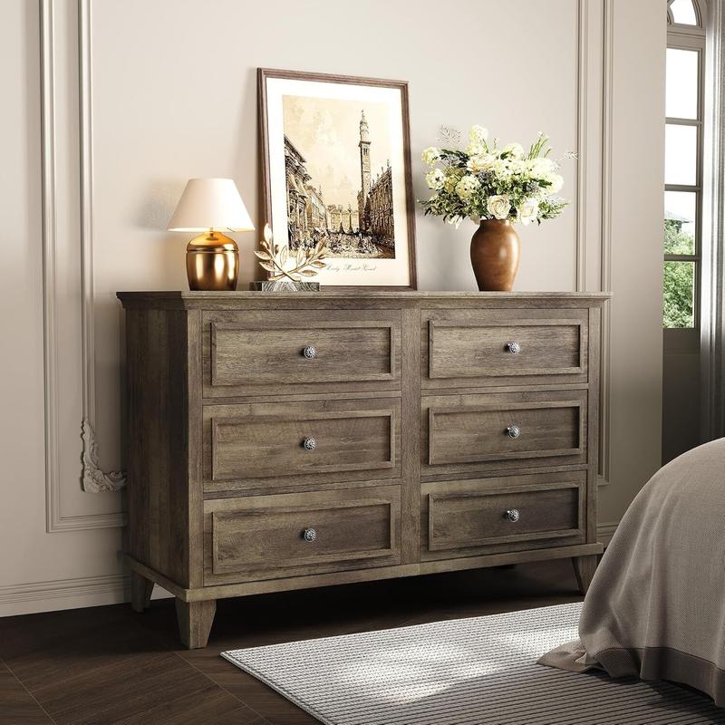 Farmhouse Dresser for Bedroom with 6 Drawer Double Dresser TV Stand with Vintage Handle Wide Wood Dressers Chests of Drawers 6 Drawer Dressers for Bedroom Living Room Hallway-Grey