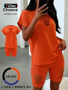 Women's Sexy Hollow Out T-Shirt and Shorts Set, Soft High Stretch Fitted Fabric, Casual Slim Fit, Short Sleeve, Plain Pattern, Two Piece, Matching Outfit, Womenswear