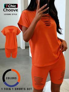 two-piece set women's plain ripped co-ord set, casual round neck t-shirt & skinny shorts two piece set, ladies fall clothes for daily wear, fall outfits   two piece sets, back to school matching sets going out set, womenswear, vacation
