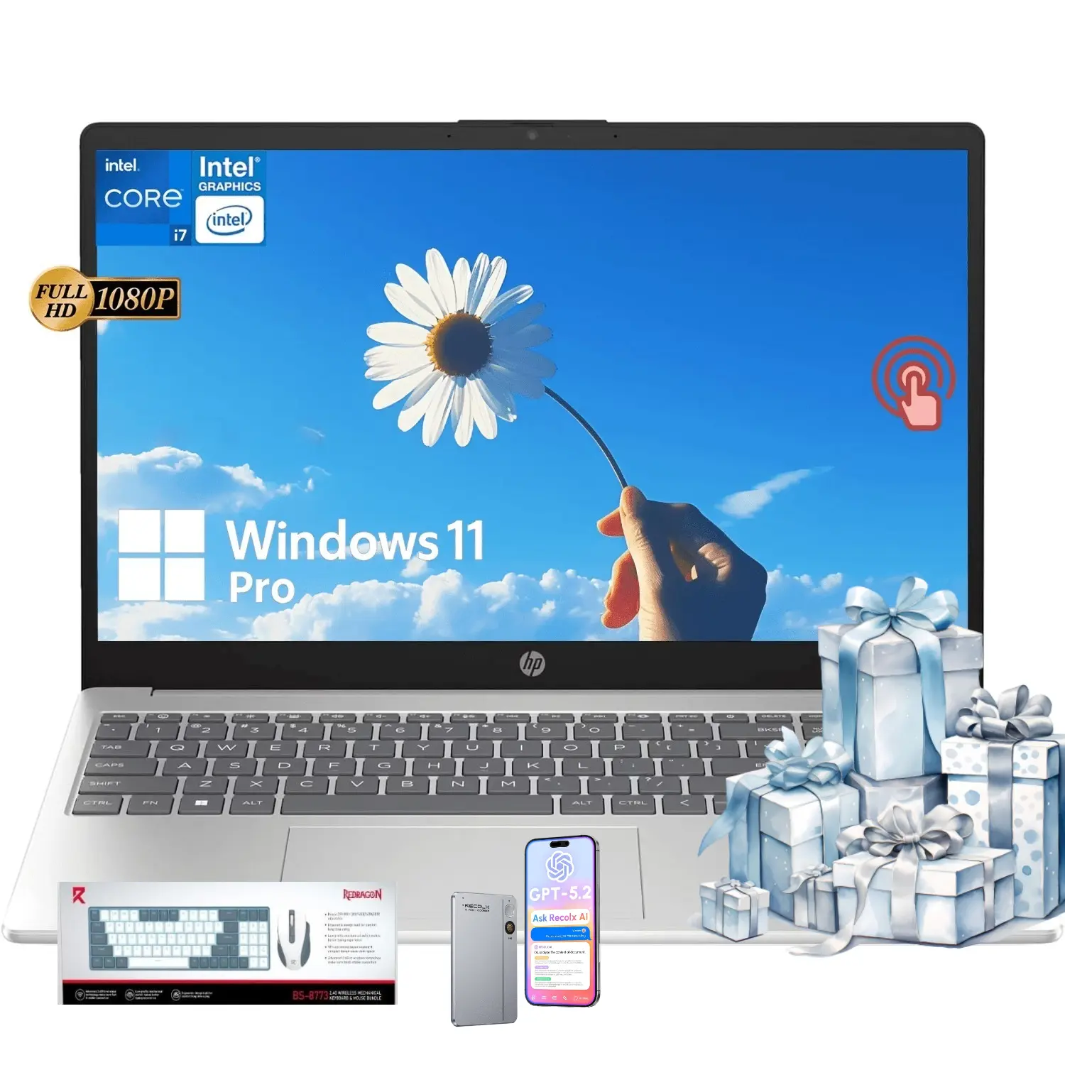 HP 2026 15.6-Inch FHD Touch-Screen Laptop PC (Touch Screen Laptop), Windows 11 Pro, Intel Core i7-1355U, 32GB RAM, 512GB SSD, Backlit Keyboard, Wi-Fi 6, Bluetooth 5.3, Silver, Bundle Accessory