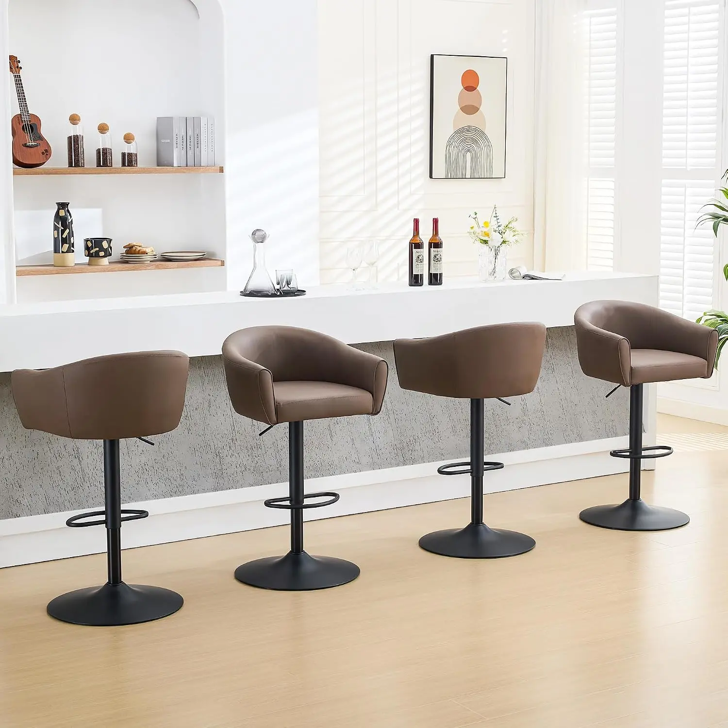 FIRAVOE Counter Height Bar stools Set of 2-4, Swivel Upholstered Faux Leather Bar Chairs with Back and Arms, Adjustable Island Stools for Bar, Kitchen,dorm essentials,home decor