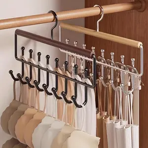 2pcs Wooden Hangers with 8 Hooks, Space-Saving Rotating Underwear & Clothes Organizer for Home & Retail Use
