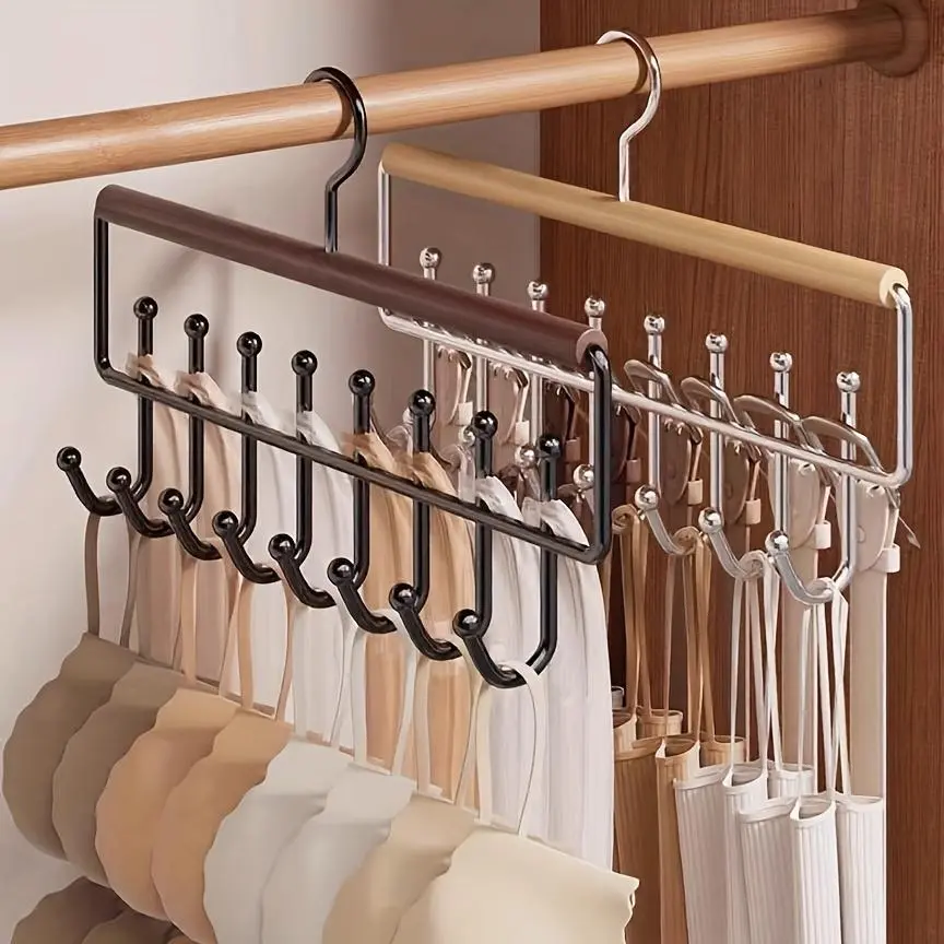 2pcs Wooden Vest Rack with 8 Metal Hooks, Wall-Mount Compact 360° Rotating Space-Saving Organizer for Underwear & Clothes, Ideal for Home & Clothing Store
