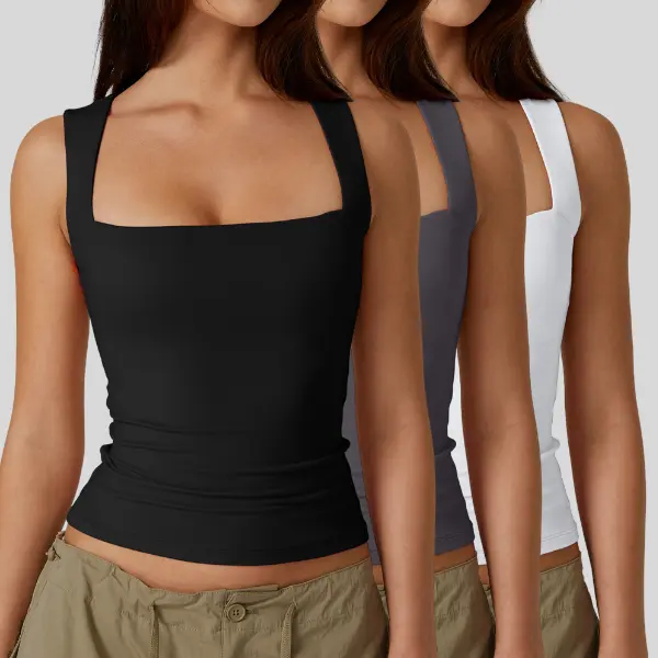 【3 Pieces】QINSEN Women's Square Neck Sleeveless Double-Layer Tank Tops Basic Tight T Shirts short