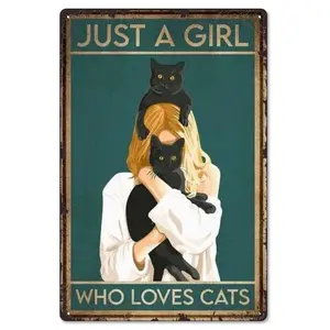 Just a Girl Who Loves Cats Black Cat 8x12 Inch Aluminum Metal Sign - Heartwarming Wall Decor for Bedroom, Cat Cafe, Living Room - Retro Tin Sign Gift for Cat Ladies & Feline Fans