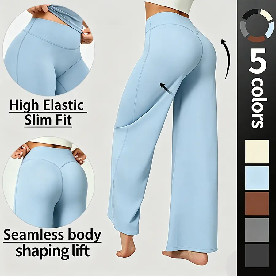 Women's Solid Color Elastic Waist Flare Leg Sports Leggings - Soft Stretch Pockets Pants, Gym Yoga Wear Athleisure Fitness Bottoms for Fitness Training, Casual All-Season Gym Outfits, Fitness Training Pants