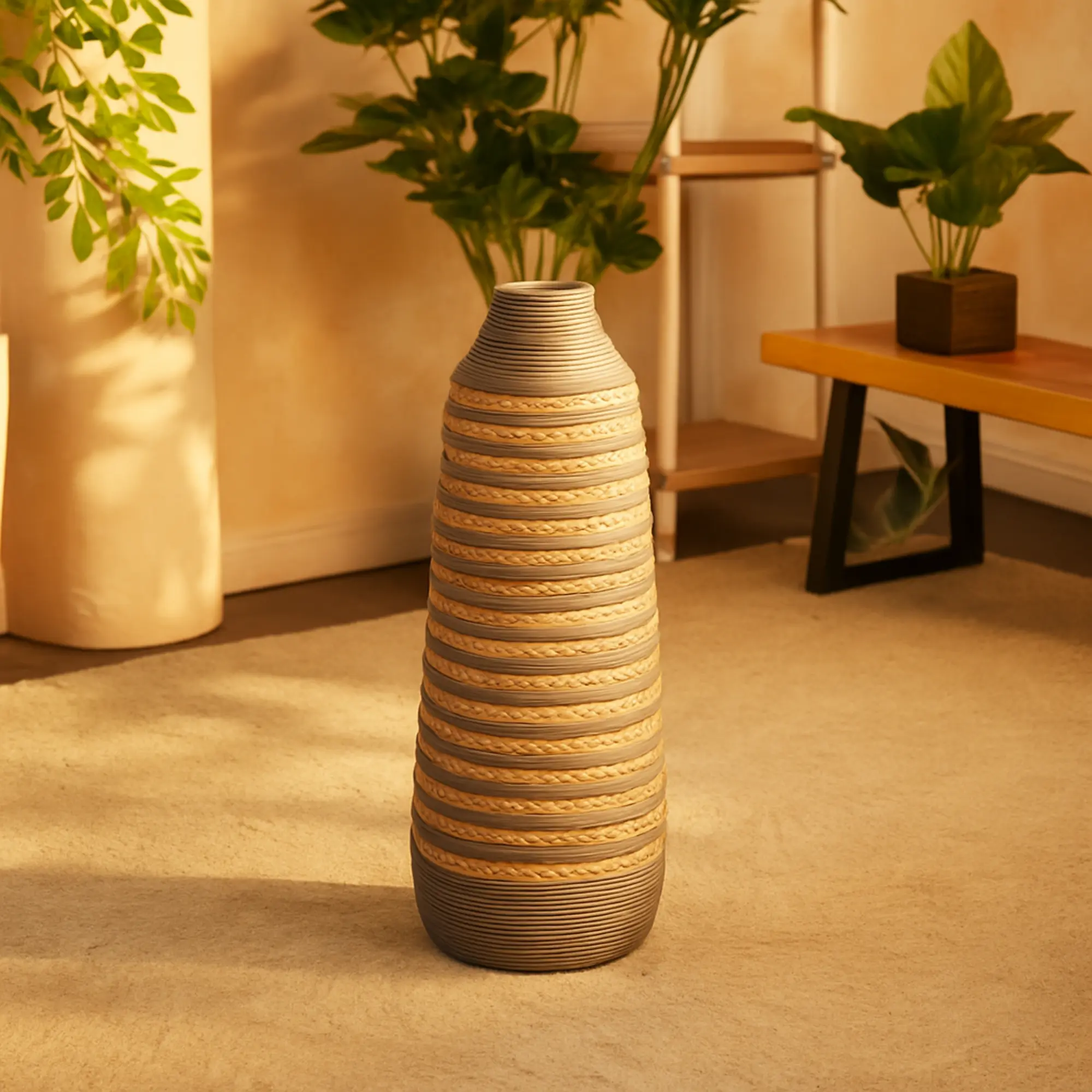 Natural Round Felt-Striped Handmade Brown Seagrass Braided Vase with Iron-Layered Gray Paneling, Fabric-Accent Home Decor Table Centerpiece, Gift-Worthy Wipe-Clean Home Supply