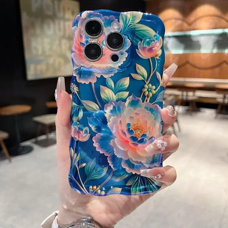 Women's Stylish Customized Twist Soft TPU Smartphone Case - Oil Painting Blue Green Vine Flower Design, Protective Cover for iPhone 12/13/14/15/16 Pro & 17 Pro Max, Daily Use Accessory with Warranty