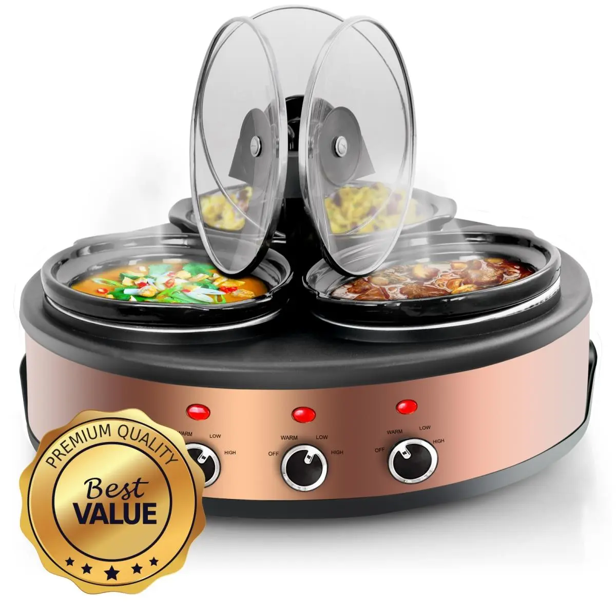 MegaChef MC-1103 Round Triple Slow Cooker & Buffet Server - 1.5 qt Round Base, 3 Ceramic Cooking Pots with Lid, Removable Lid Rests, Brushed Copper & Black Power Camp Kitchen Household Appliance