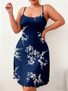 Women's Plus Size 1xl-5xl Lotus Hem Strap Sleeveless Casual Sleepwear, Blue Floral Print Nightgown, Comfortable & Stylish Loungewear
