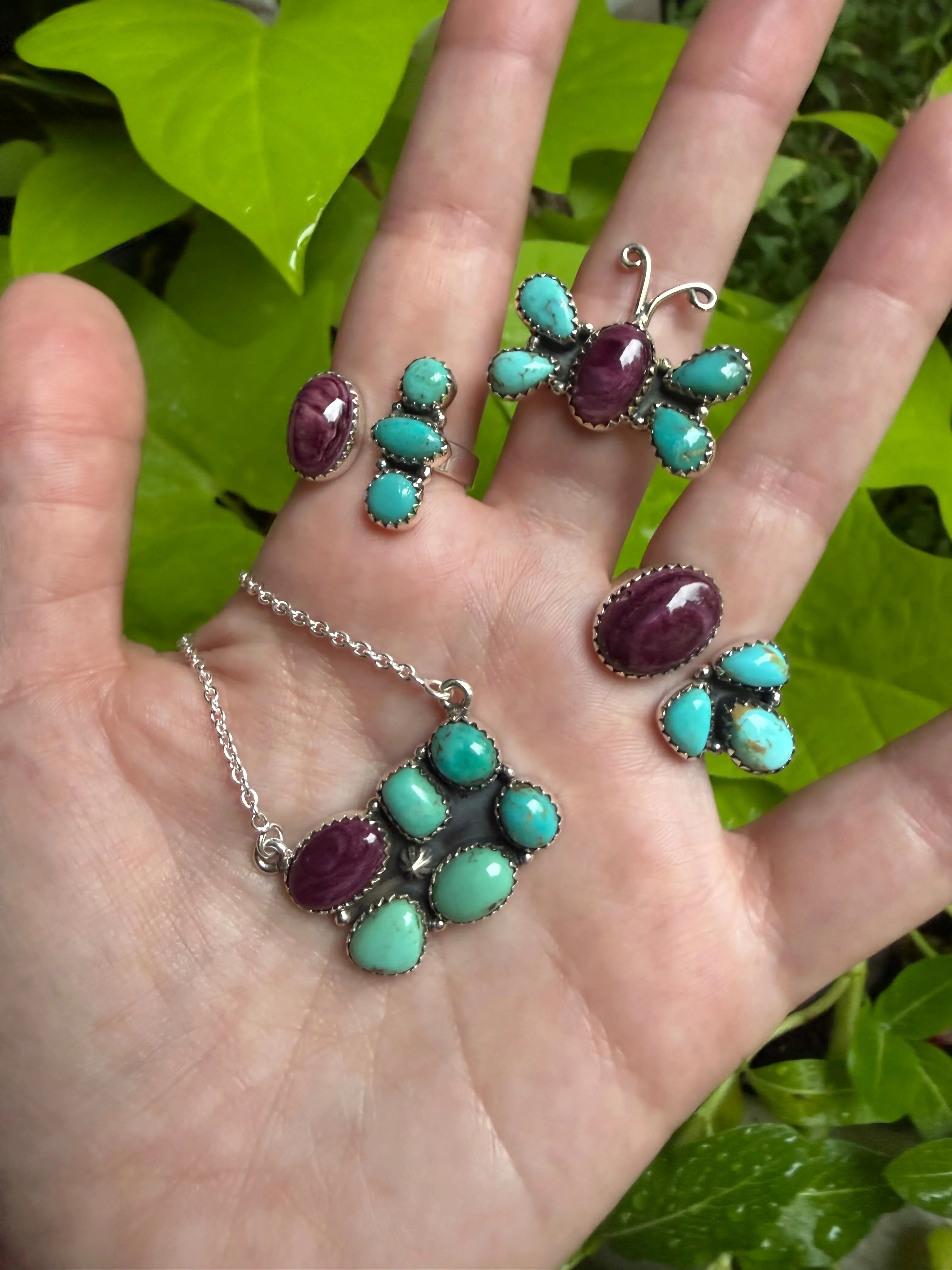 Kingman Turquoise and Purple Spiny Cluster Sterling Silver Ring or Necklace