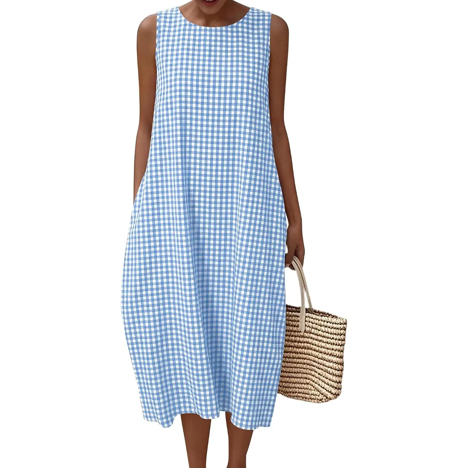 Womens Summer Dresses Cotton Sleeveless Gingham Striped with Pockets | Gingham dress,Striped Dress,Cocoon Silhouette Midi Dress,Shift,Crewneck Tank Dresses