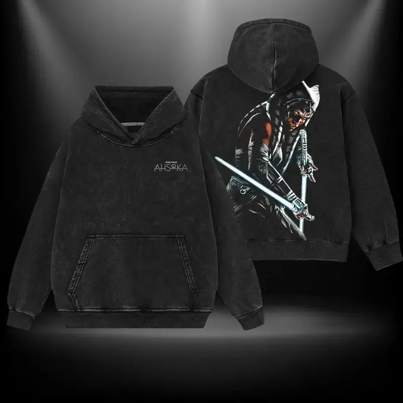 Star " Ahsoka Tano " Wars Double Printed Oversize Lightweight Acid Washed Hoodie TV Show Graphic Top Cotton Gift T-Shirt For Comic Lover, Gift T-Shirt For Movie Lover
