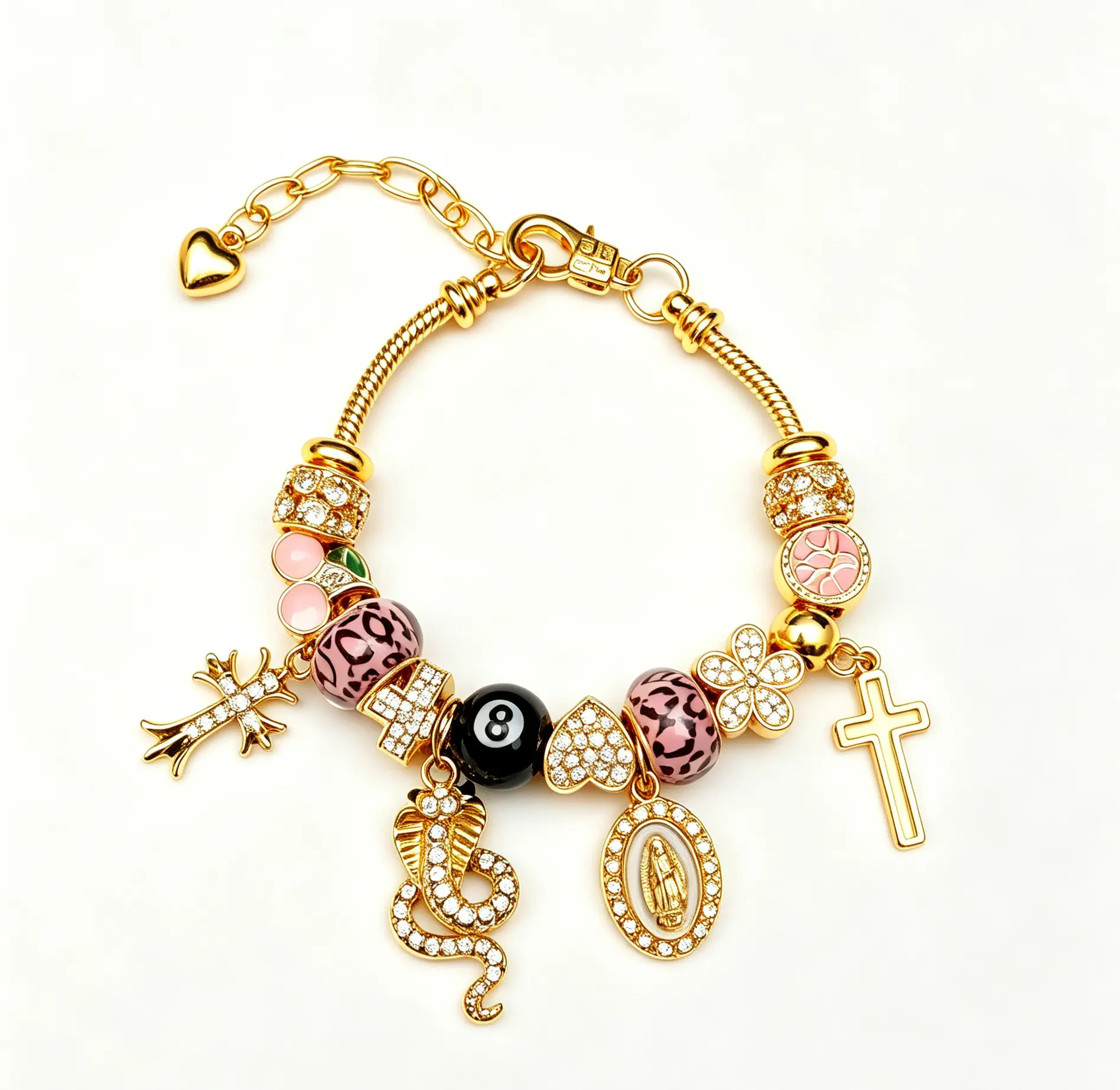 Edgy Gold Charm Bracelet – Leopard, 8-Ball & Cross Pendants for Bold Streetwear Vibes