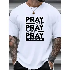 Men's 'Pray Over It' Graphic T-Shirt - 100% Cotton, Crew Neck, Casual Summer Shirt, Slightly Stretchable, Black with Bold White Lettering