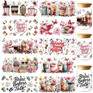 10 Pcs Coffee UV DTF Cup Wrap, Cake Drink Milk Tea UV DTF Cup Wraps Sticker Personalize Waterproof Transfer Sticker Decals for Water Bottle Glass Cups Wood Crafts, 9.5x4.3 Inch
