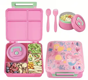 Bento Lunch Box for Kids with 4 Compartment,Kids LeakproofLunch Food Containers with 8.5oz Soup Thermo, Blue&Pink Nylon Insulated Lunch Bag Adjustable Strap for Teens School Travel Picnic#Summer vibes