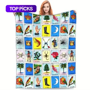 Mexican Loteria Card Pattern Blanket, Soft Flannel Blanket, Cool Bedroom Bedding Blankets, Air-conditioned Room Blanket, Warm Nap Blanket for Home & Office, Flannel Throw Blanket