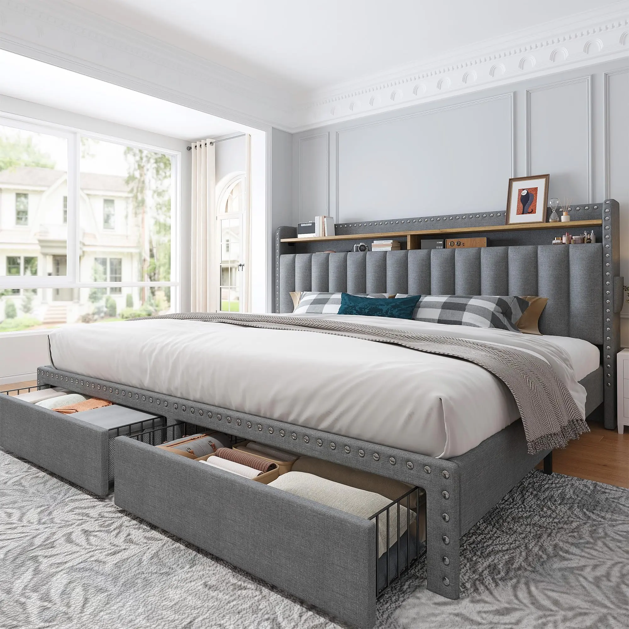 Bed Frame with Headboard and Storage, MATTRESS NOT INCLUDED OR OFFERED, Upholstered Bed Frame with Storage, 2 Drawers,, NO Noise, No Box Spring Needed