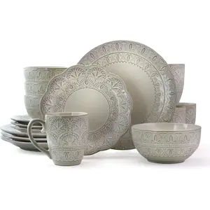 16-Piece White Stoneware Tableware Set - Round, Embossed Lace, Scalloped Edges, Includes Dishes and Plates