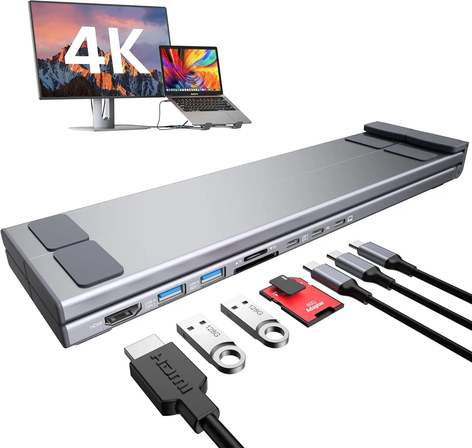 Redbeat S1 All In One Laptop Stand USB C Hub Docking Station, Foldable Adjustable Aluminum Notebook Stand with 4K@30Hz HDMI, USB3.0, SD/TF Card Reader, 100W Power Delivery, Multiport Adapter for Windows Mac Chrome OS Laptop