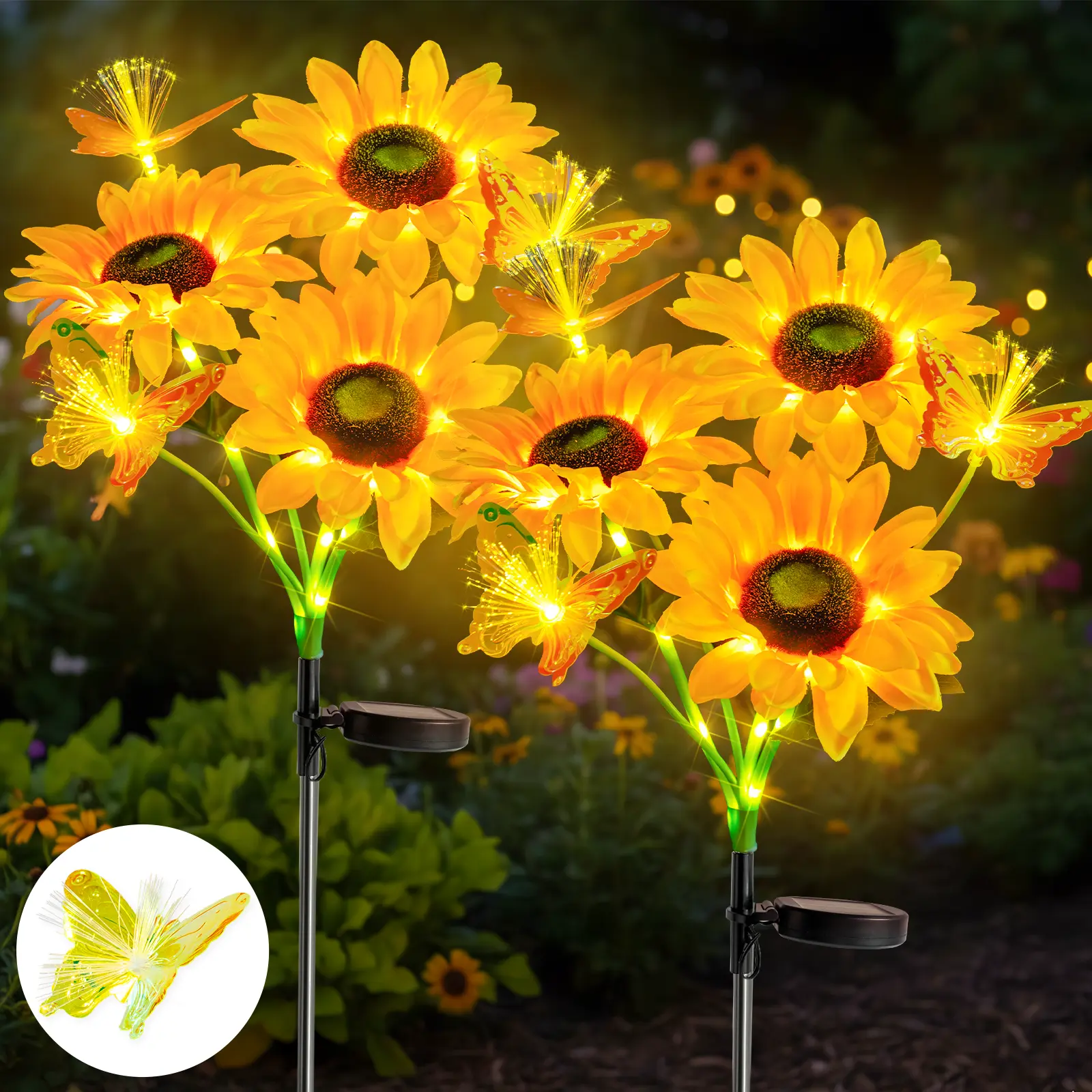 SUDDUS Sunflower Solar Lights, Solar Lights Outdoor, Solar Flowers Garden Lights with 6 Sunflowers and 6 Butterflies, for Garden,Yard, Flower Bed, Pathway, Gift for Women, Mom,Grandma, Father(2 Pack)