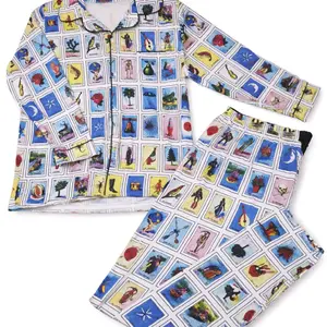 Loteria Pajamas with Collar - Vibrant Loteria Card Print Pajama Set for Comfortable Sleepwear
