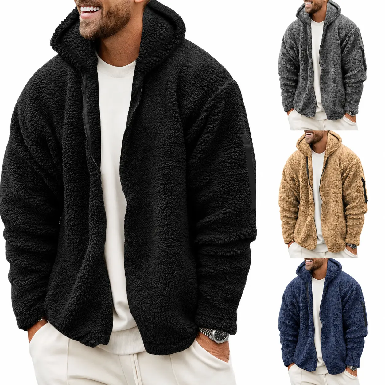 Men’s Double-Sided Polar Fleece Hoodie Jacket, Warm Zip Up Sherpa Coat, Casual Streetwear Outerwear for Fall Winter, Daily Wear & Weekend Style